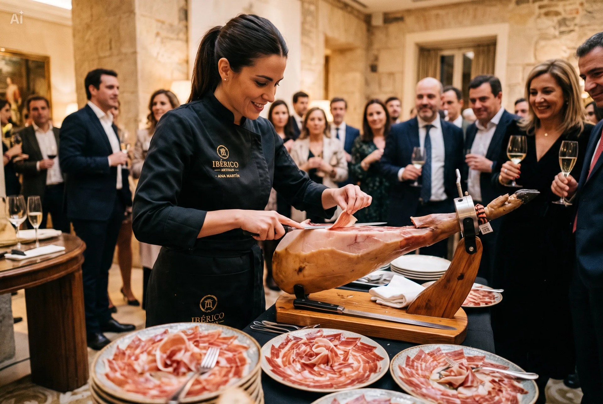 Invitados alrededor del jamonero en un evento